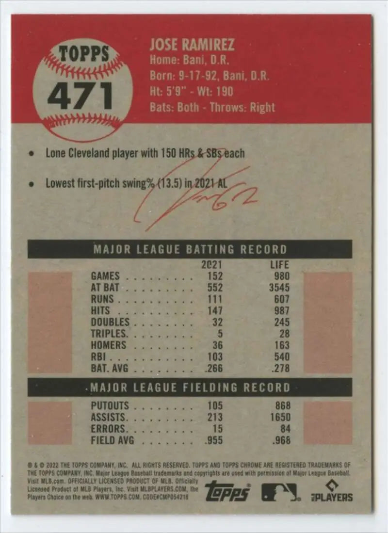 2022 Topps Chrome Platinum Anniversary #471 Jose Ramirez EX Excellent Cleveland Guardians Baseball Card - Baseball Card