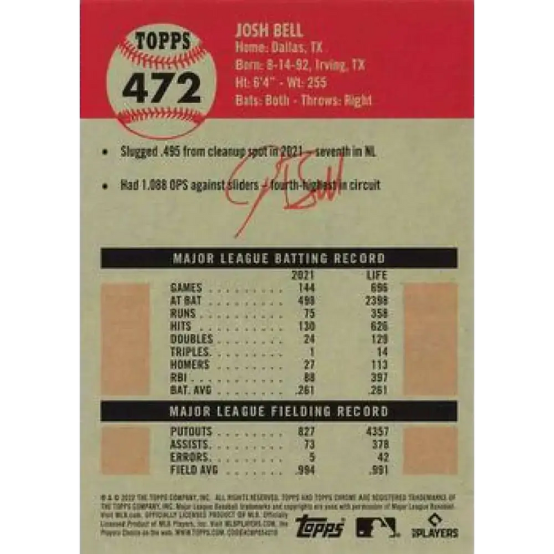 2022 Topps Chrome Platinum Anniversary #472 Josh Bell NM-MT Washington Nationals Baseball Card - Baseball Card Single