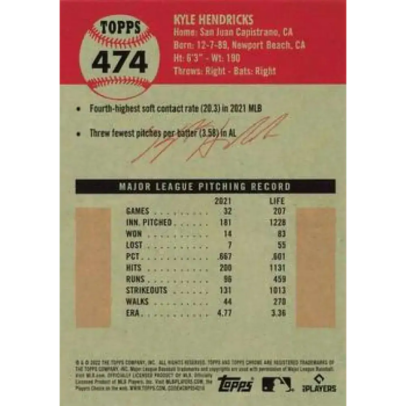 2022 Topps Chrome Platinum Anniversary #474 Kyle Hendricks NM-MT Chicago Cubs Baseball Card - Baseball Card Single