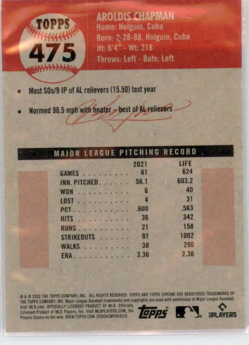 2022 Topps Chrome Platinum Anniversary #475 Aroldis Chapman EX Excellent New York Yankees Baseball Card - Baseball Card
