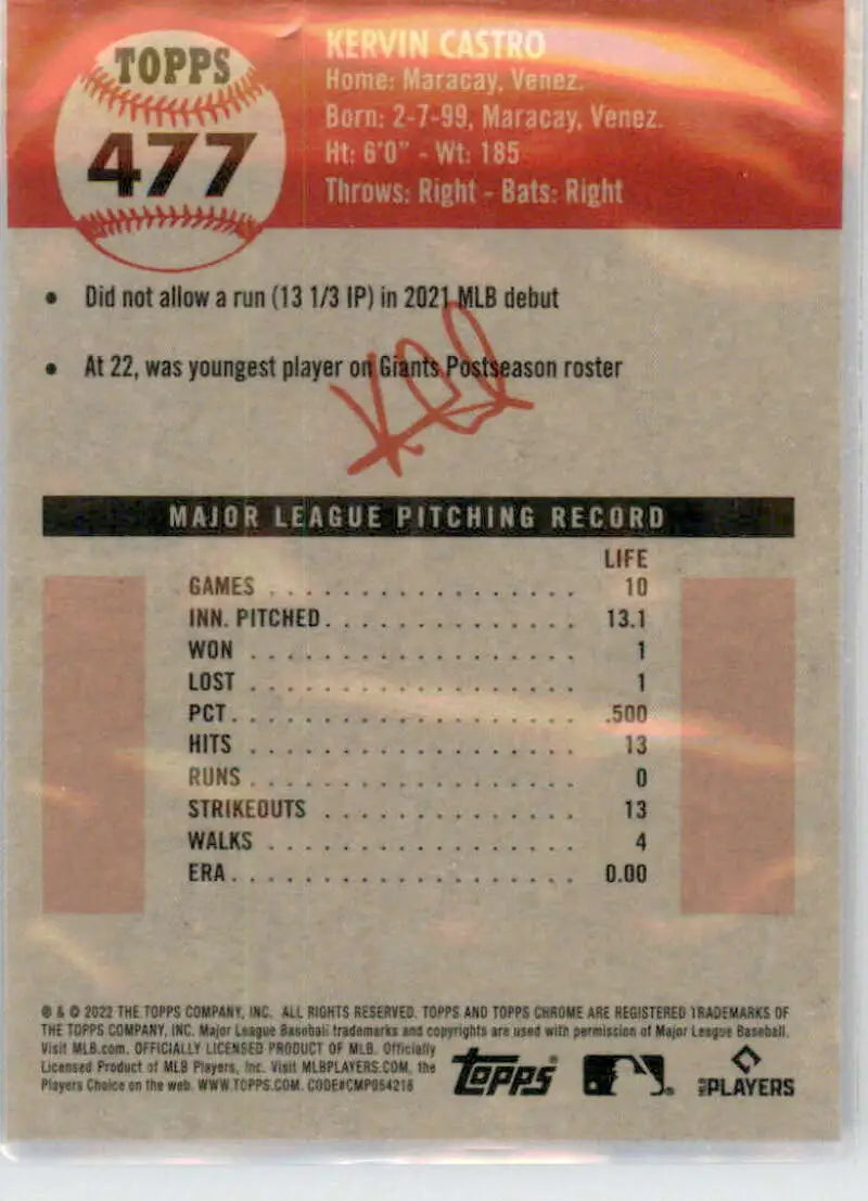 2022 Topps Chrome Platinum Anniversary #477 Kervin Castro EX Excellent RC Rookie San Francisco Giants Baseball Card