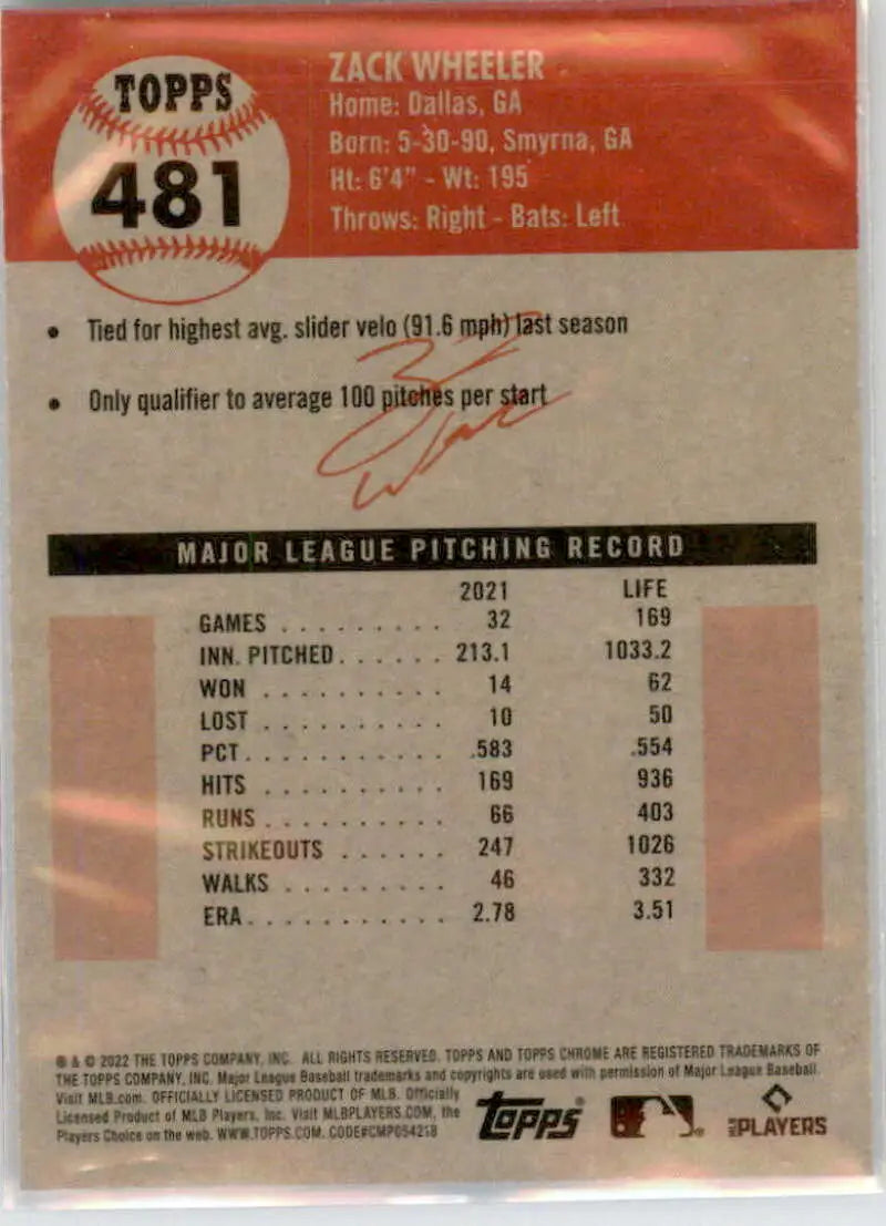 2022 Topps Chrome Platinum Anniversary #481 Zack Wheeler EX Excellent Philadelphia Phillies Baseball Card - Baseball