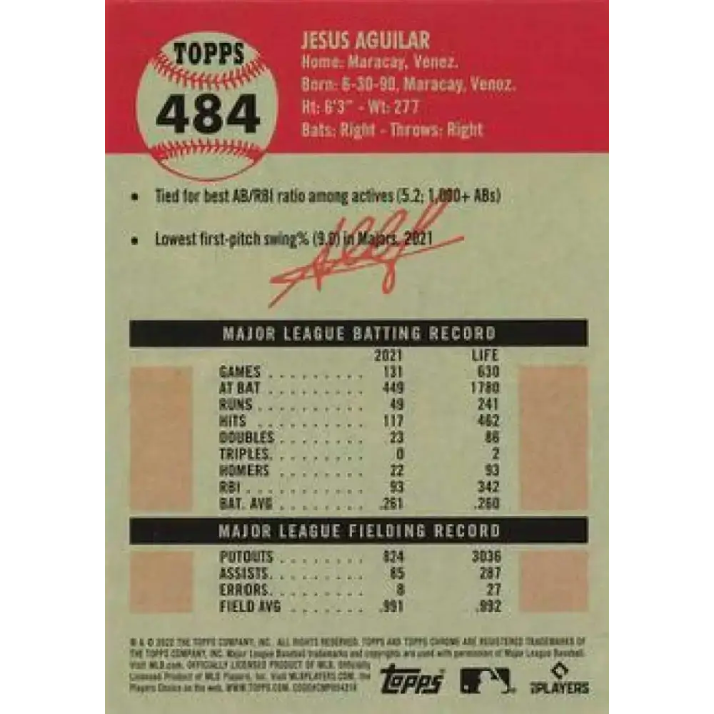 2022 Topps Chrome Platinum Anniversary #484 Jesus Aguilar NM-MT Miami Marlins Baseball Card - Baseball Card Single