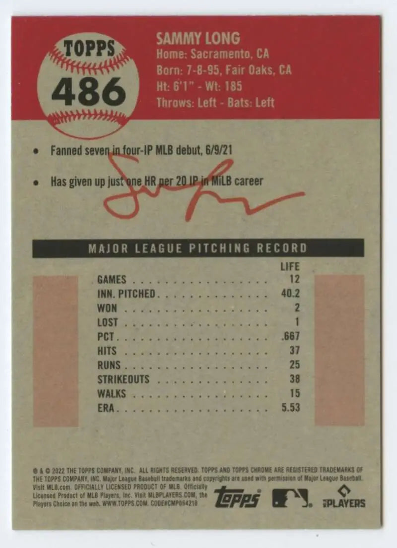 2022 Topps Chrome Platinum Anniversary #486 Sammy Long EX Excellent RC Rookie San Francisco Giants Baseball Card