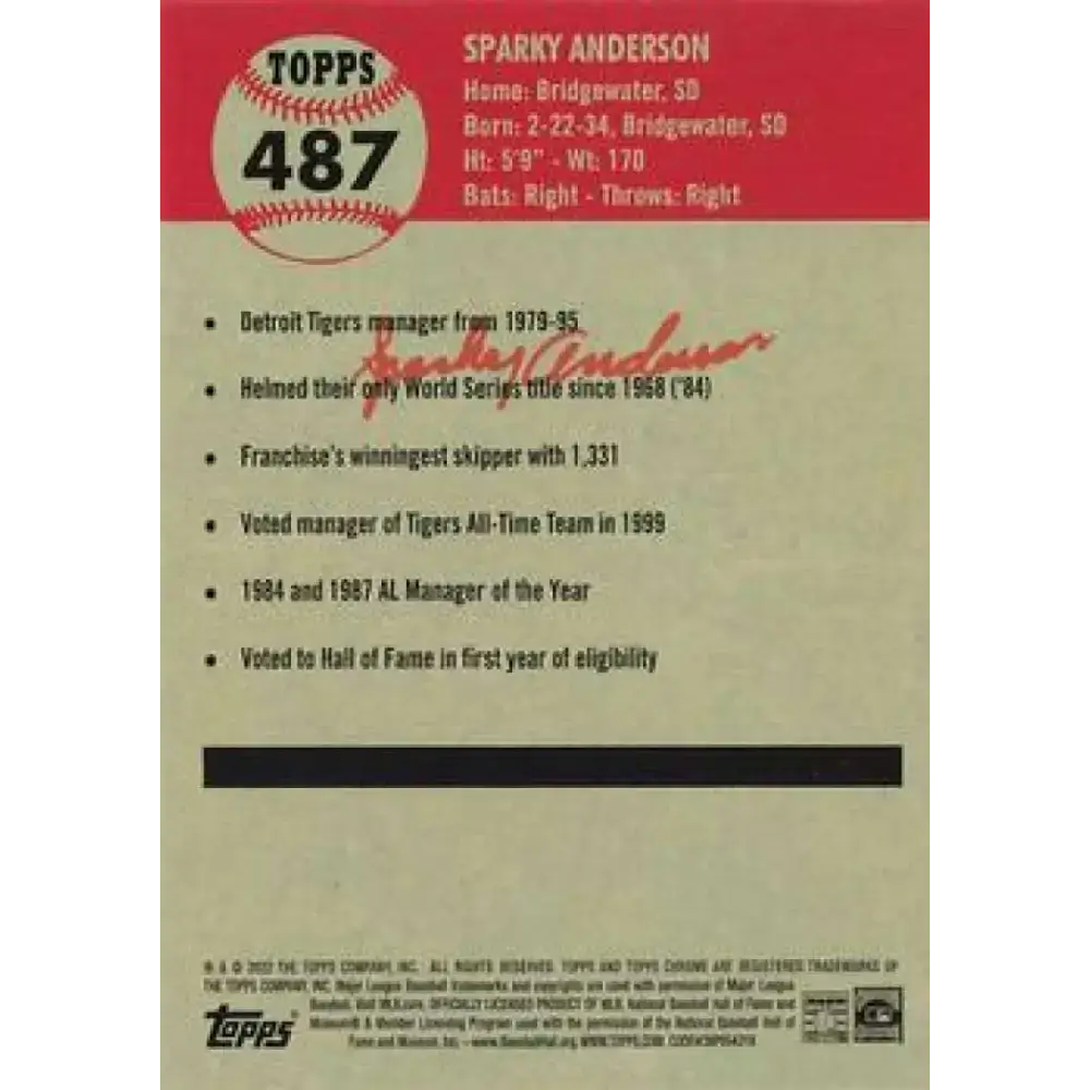 2022 Topps Chrome Platinum Anniversary #487 Sparky Anderson NM-MT Detroit Tigers Baseball Card - Baseball Card Single