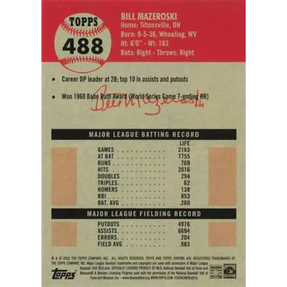 2022 Topps Chrome Platinum Anniversary #488 Bill Mazeroski NM-MT Pittsburgh Pirates Baseball Card - Baseball Card Single