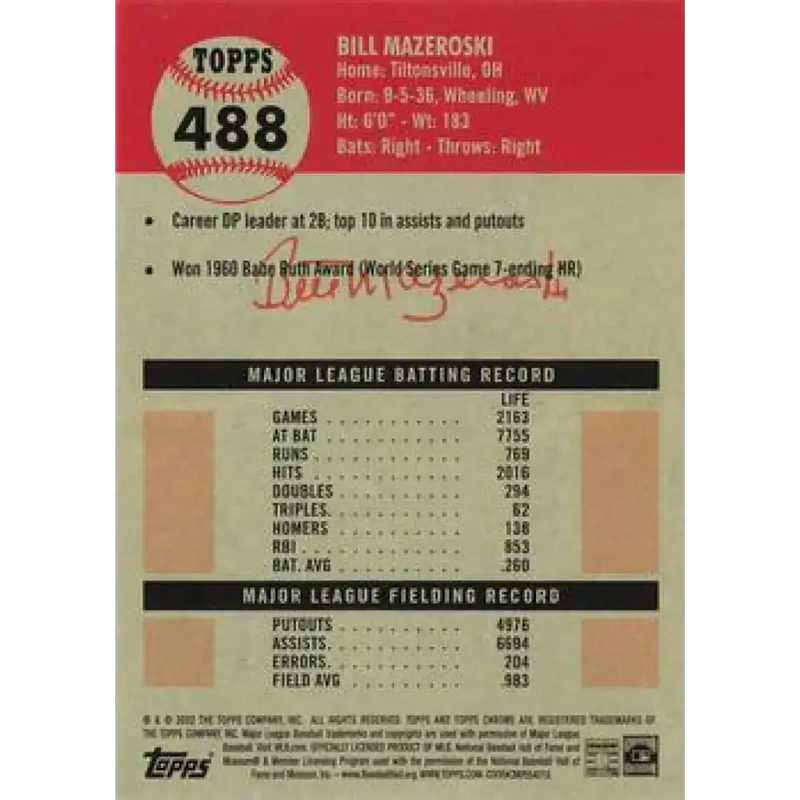 2022 Topps Chrome Platinum Anniversary #488 Bill Mazeroski NM-MT Pittsburgh Pirates Baseball Card - Baseball Card Single