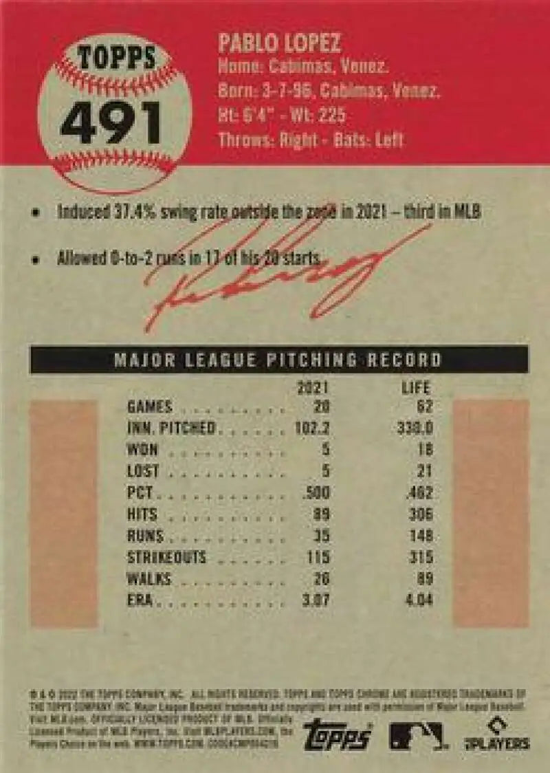 2022 Topps Chrome Platinum Anniversary #491 Pablo Lopez EX Excellent Miami Marlins Baseball Card - Baseball Card Single