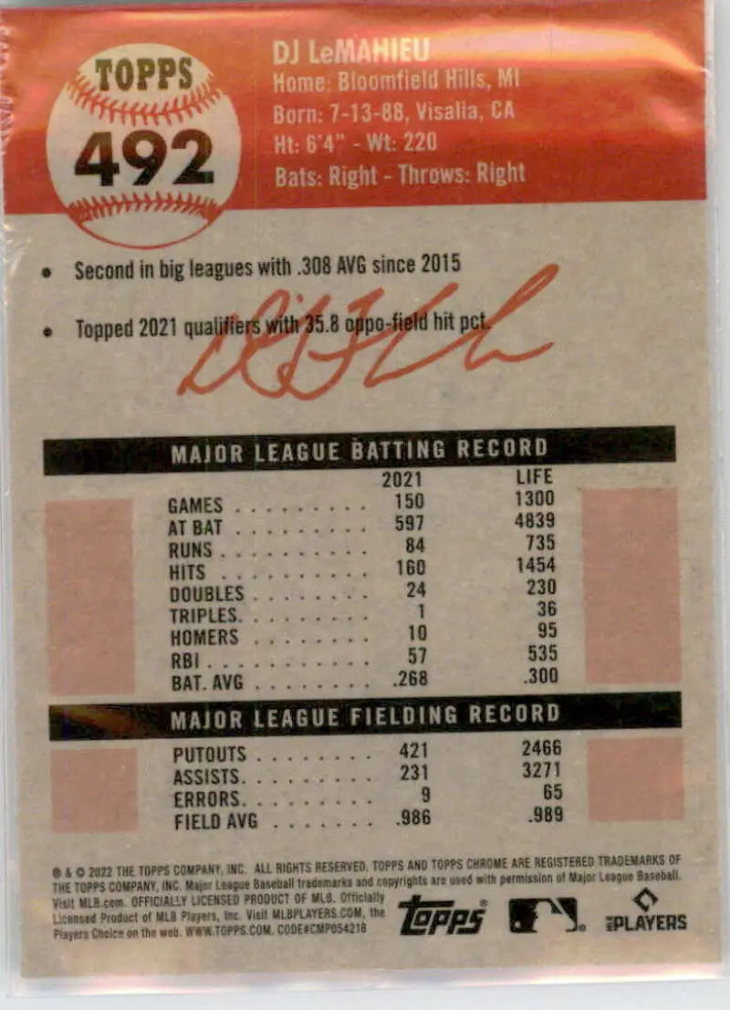 2022 Topps Chrome Platinum Anniversary #492 DJ LeMahieu EX Excellent New York Yankees Baseball Card - Baseball Card