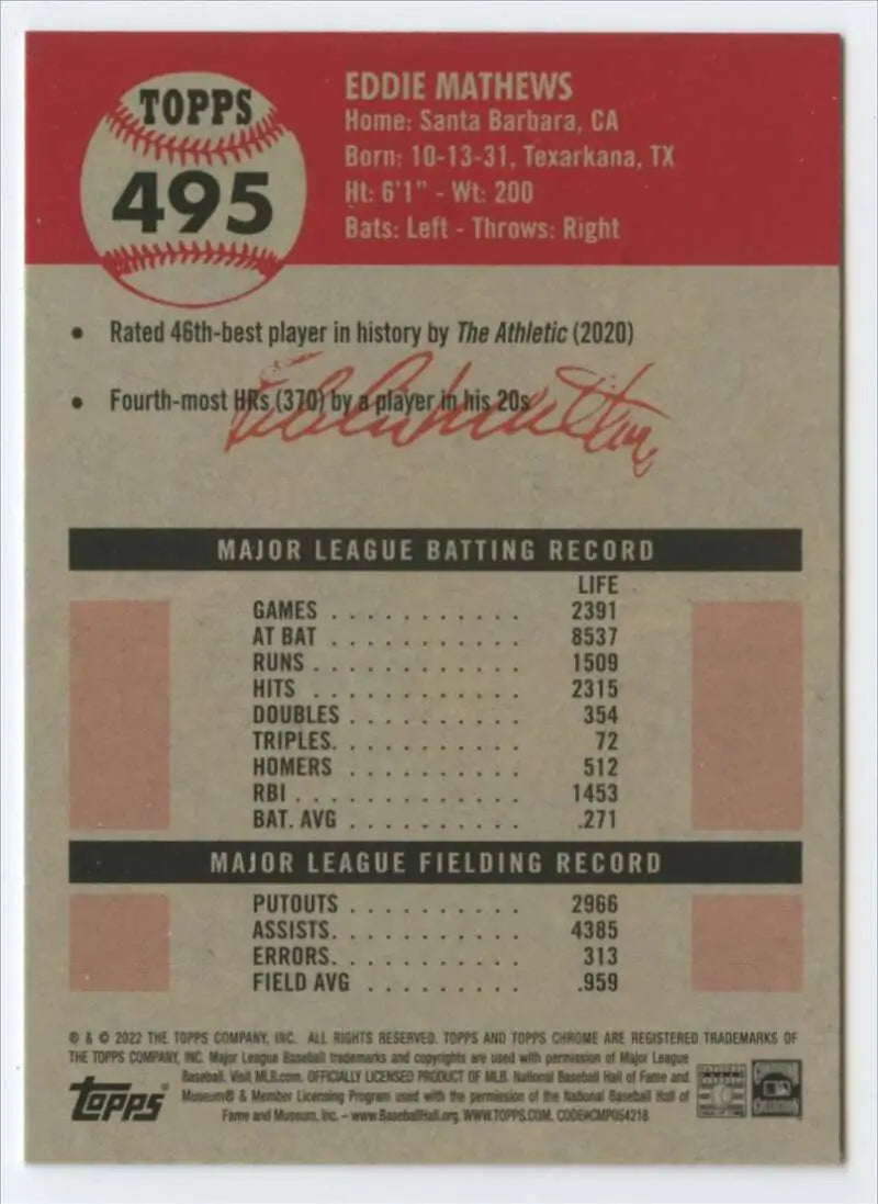 2022 Topps Chrome Platinum Anniversary #495 Eddie Mathews EX Excellent Milwaukee Braves Baseball Card - Baseball Card