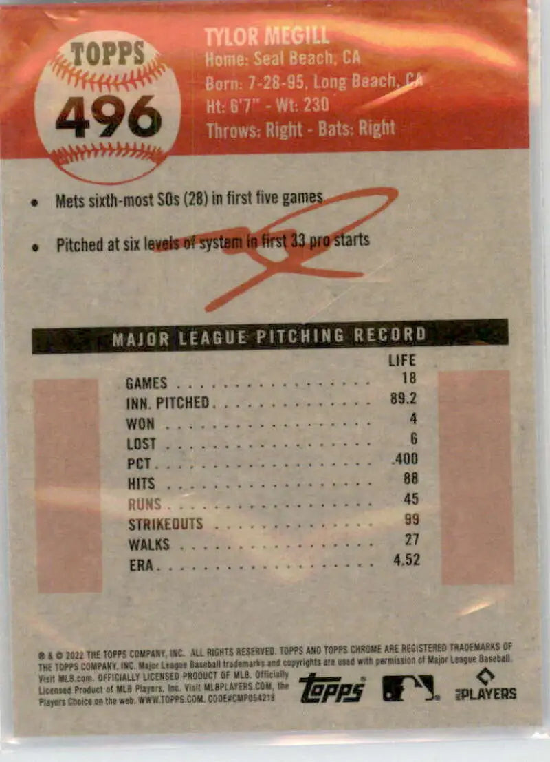 2022 Topps Chrome Platinum Anniversary #496 Tylor Megill EX Excellent RC Rookie New York Mets Baseball Card - Baseball