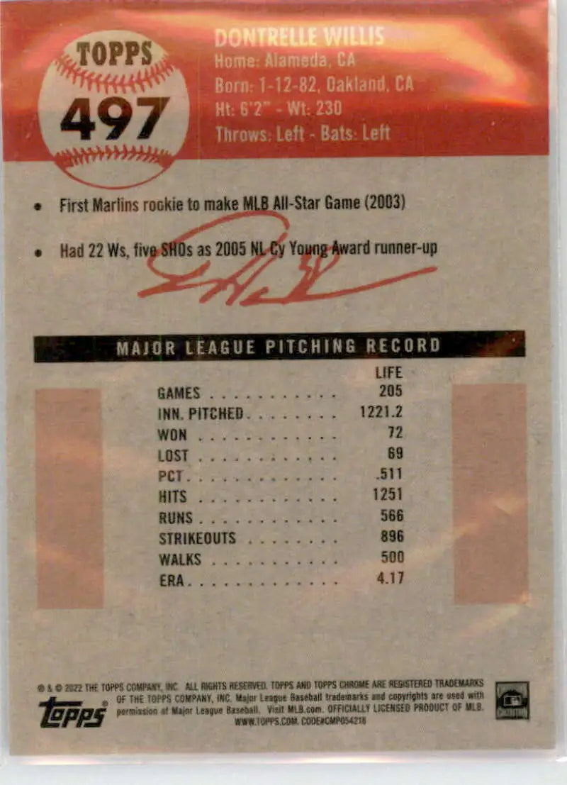 2022 Topps Chrome Platinum Anniversary #497 Dontrelle Willis EX Excellent Florida Marlins Baseball Card - Baseball Card