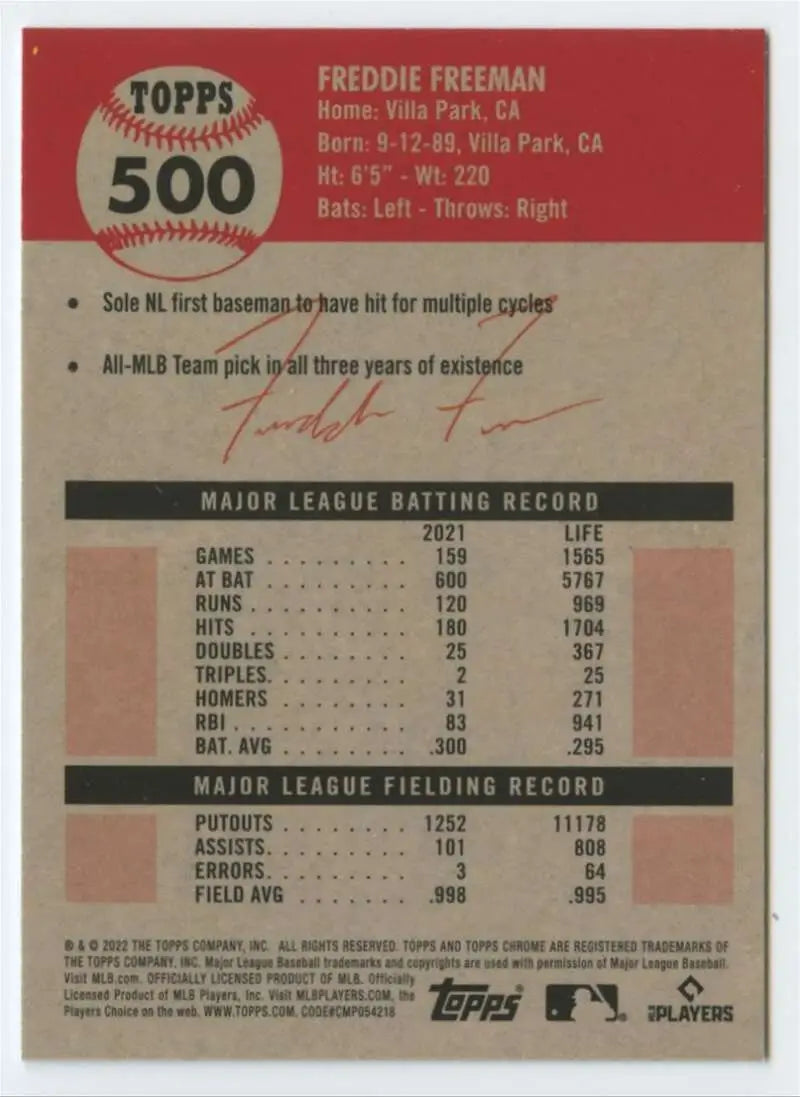 2022 Topps Chrome Platinum Anniversary #500 Freddie Freeman EX Excellent Los Angeles Dodgers Baseball Card - Baseball