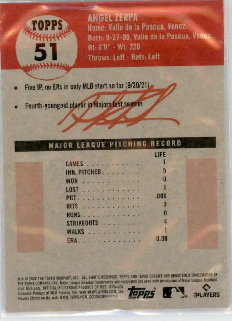 2022 Topps Chrome Platinum Anniversary #51 Angel Zerpa EX Excellent RC Rookie Kansas City Royals Baseball Card