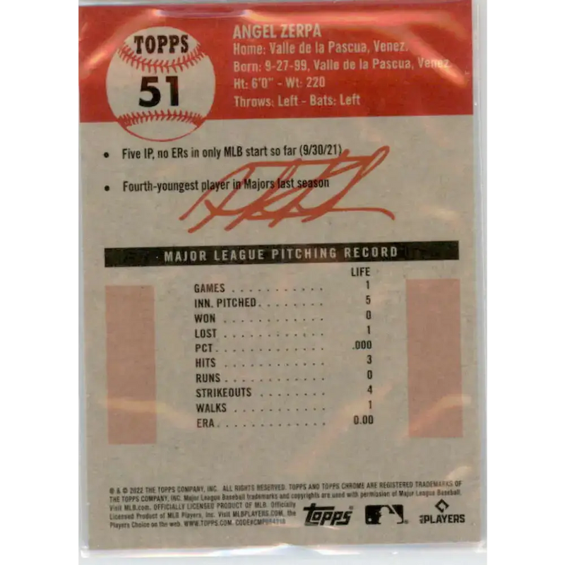 2022 Topps Chrome Platinum Anniversary #51 Angel Zerpa NM-MT RC Rookie Kansas City Royals Baseball Card - Baseball Card