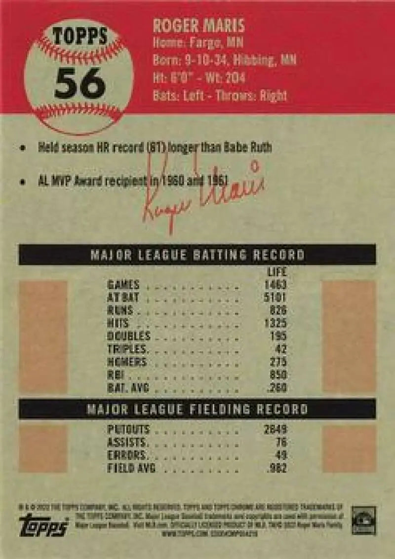 2022 Topps Chrome Platinum Anniversary #56 Roger Maris EX Excellent New York Yankees Baseball Card - Baseball Card