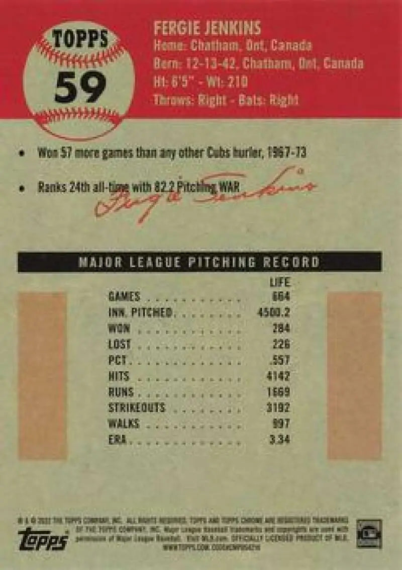 2022 Topps Chrome Platinum Anniversary #59 Fergie Jenkins EX Excellent Chicago Cubs Baseball Card - Baseball Card Single