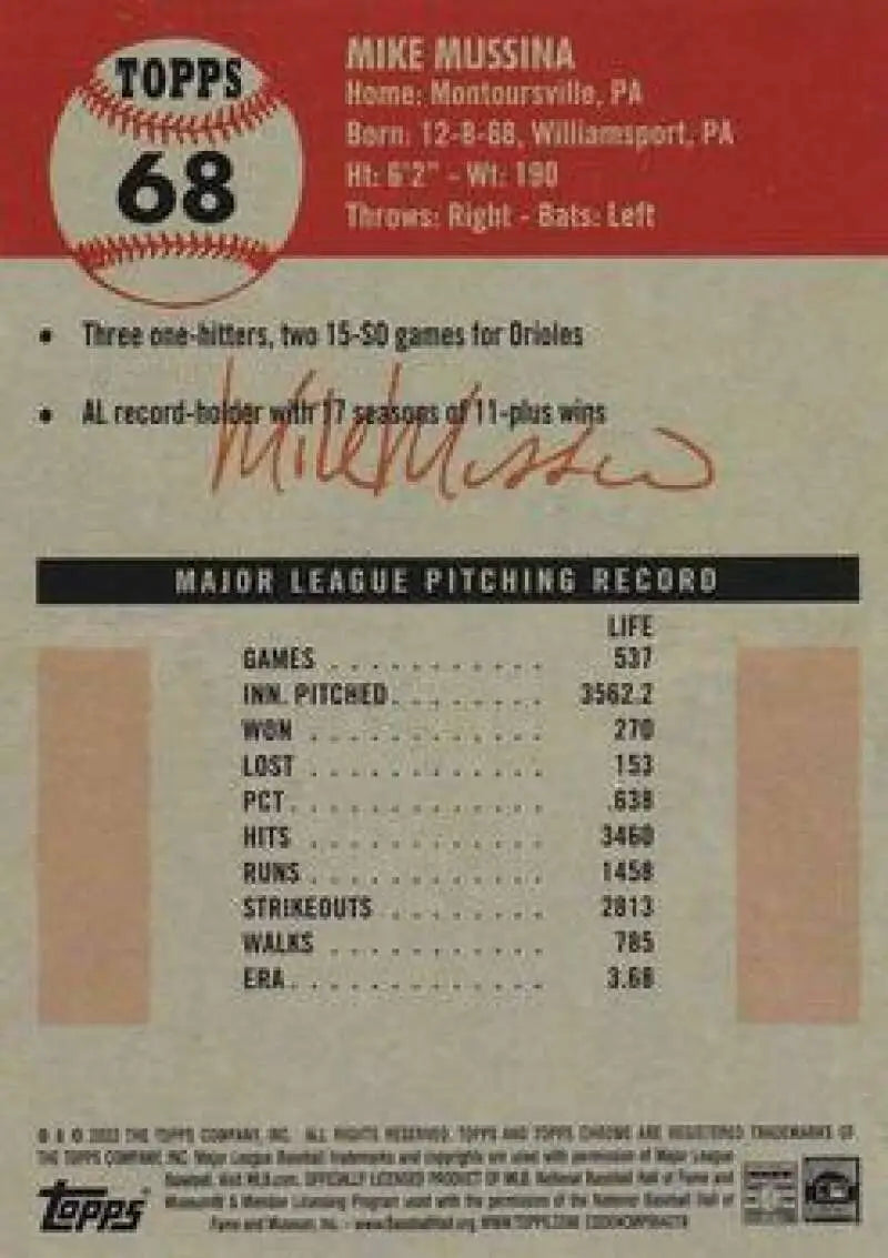 2022 Topps Chrome Platinum Anniversary #68 Mike Mussina EX Excellent Baltimore Orioles Baseball Card - Baseball Card