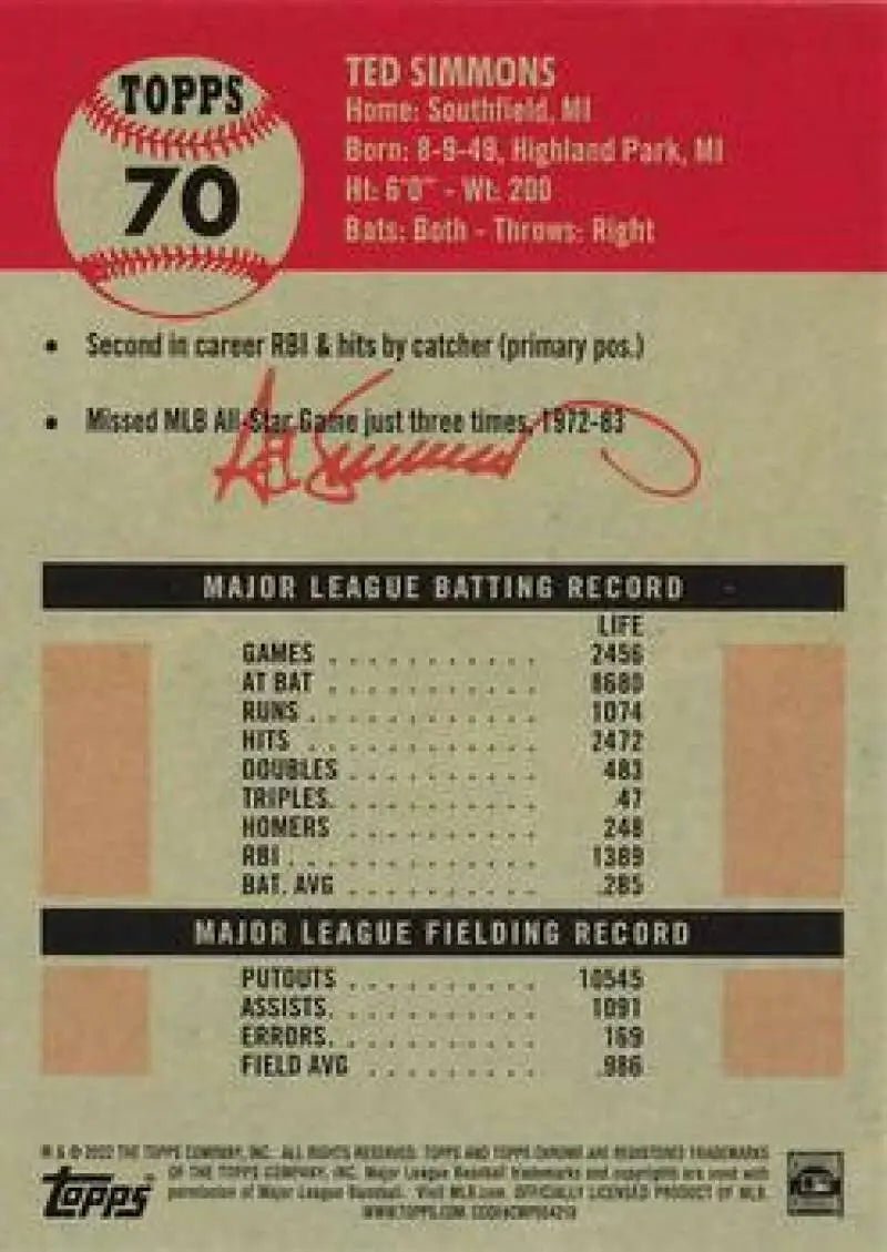 2022 Topps Chrome Platinum Anniversary #70 Ted Simmons EX Excellent St. Louis Cardinals Baseball Card - Baseball Card