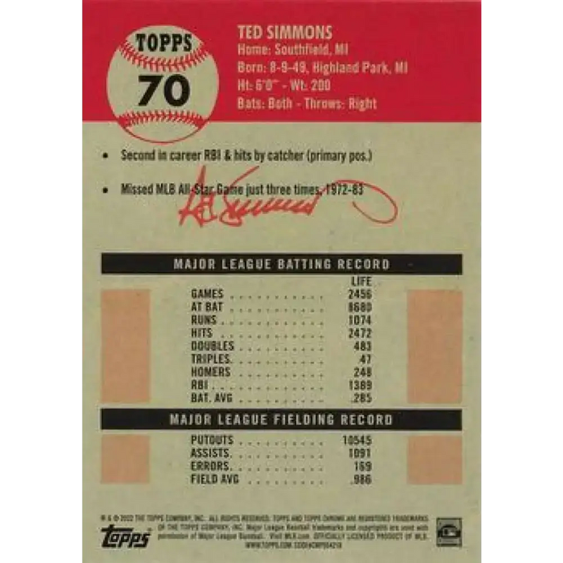 2022 Topps Chrome Platinum Anniversary #70 Ted Simmons NM-MT St. Louis Cardinals Baseball Card - Baseball Card Single