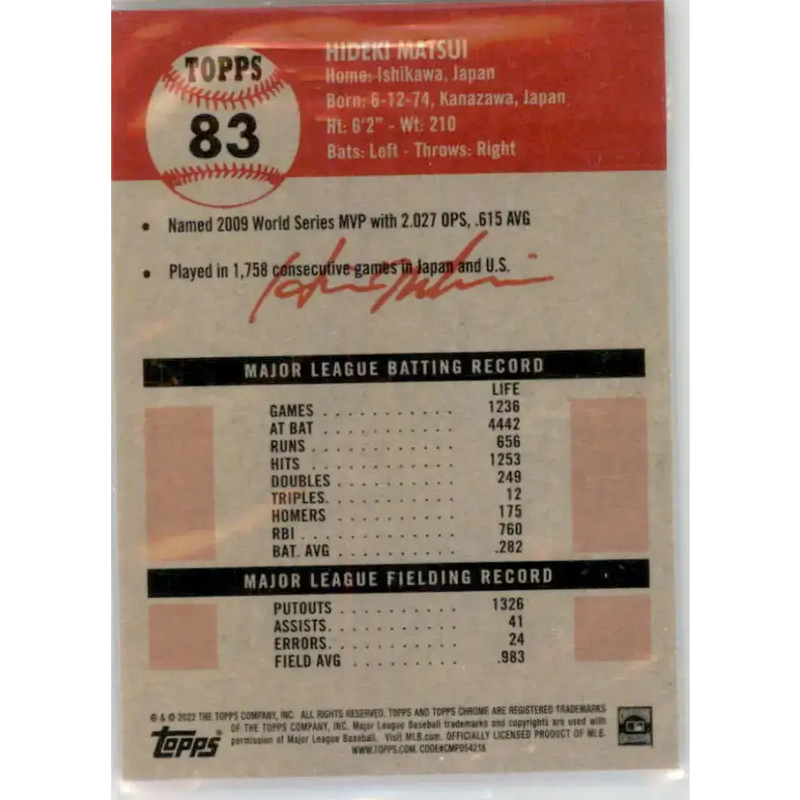 2022 Topps Chrome Platinum Anniversary #83 Hideki Matsui NM-MT New York Yankees Baseball Card - Baseball Card Single