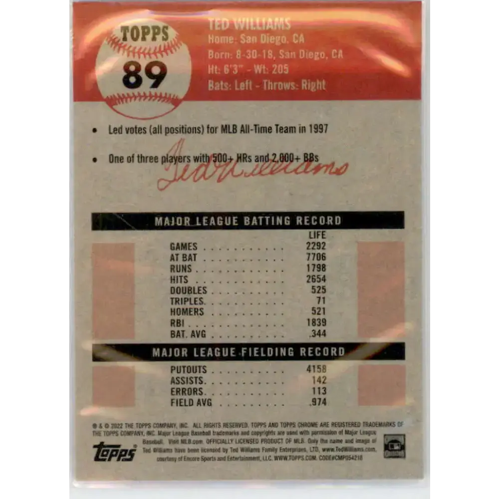 2022 Topps Chrome Platinum Anniversary #89 Ted Williams NM-MT Boston Red Sox Baseball Card - Baseball Card Single