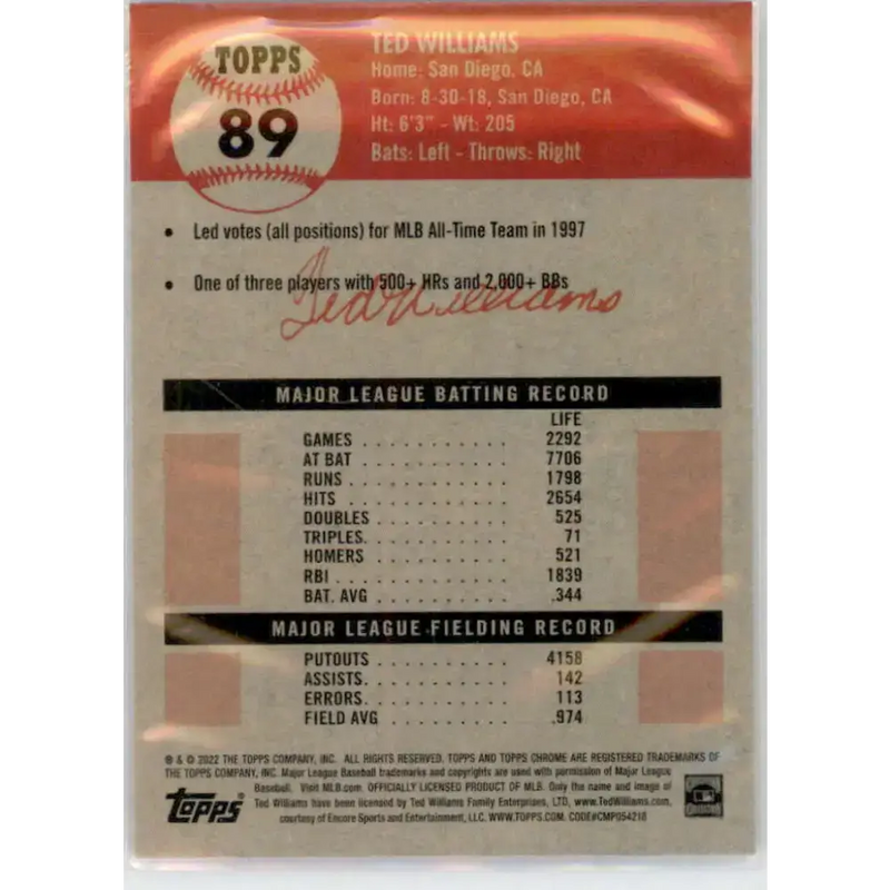 2022 Topps Chrome Platinum Anniversary #89 Ted Williams NM-MT Boston Red Sox Baseball Card - Baseball Card Single