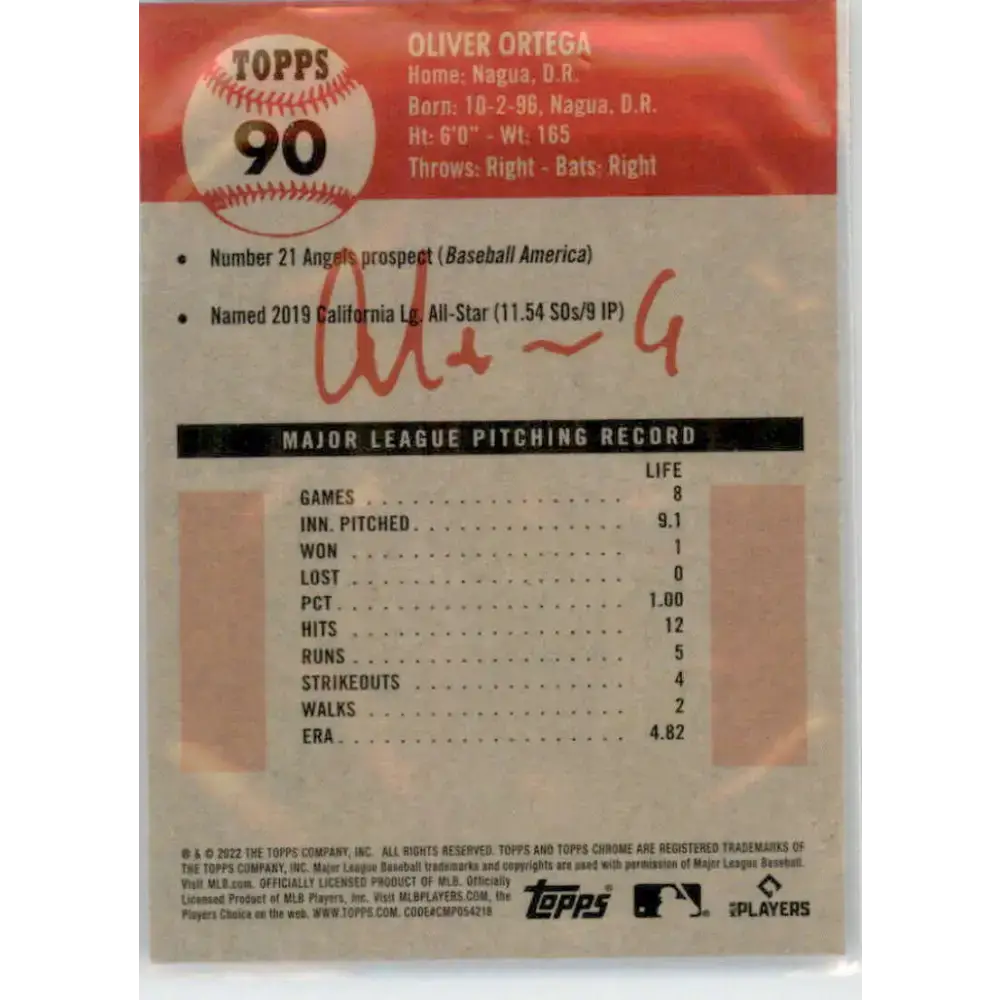 2022 Topps Chrome Platinum Anniversary #90 Oliver Ortega NM-MT RC Rookie Los Angeles Angels Baseball Card - Baseball