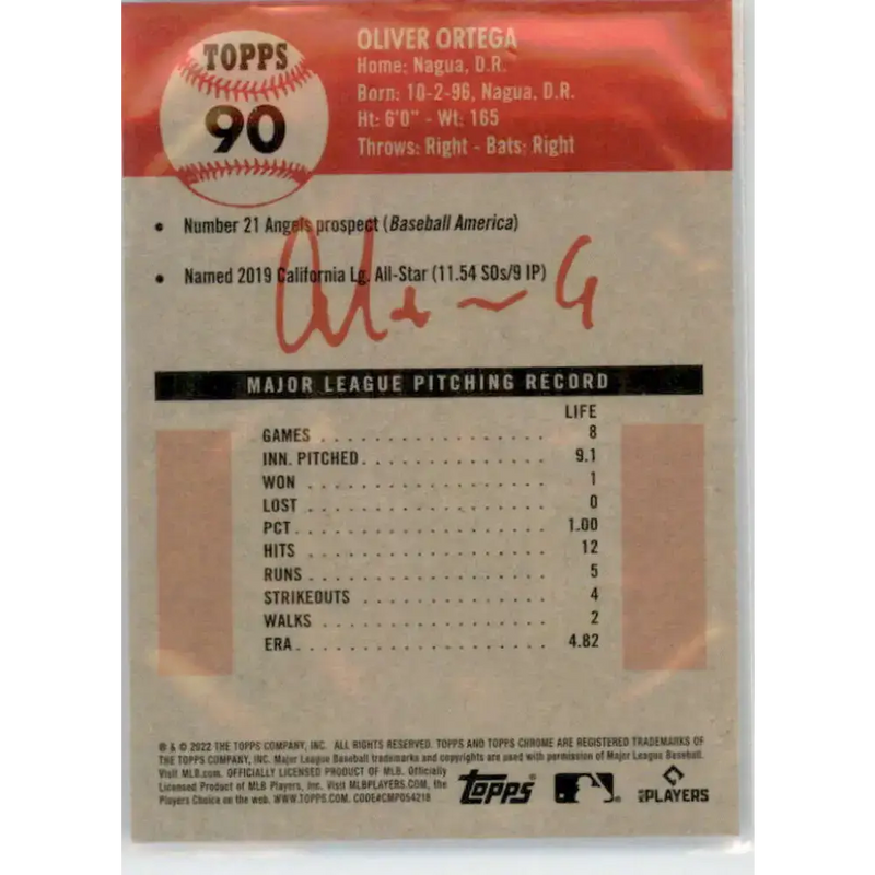 2022 Topps Chrome Platinum Anniversary #90 Oliver Ortega NM-MT RC Rookie Los Angeles Angels Baseball Card - Baseball