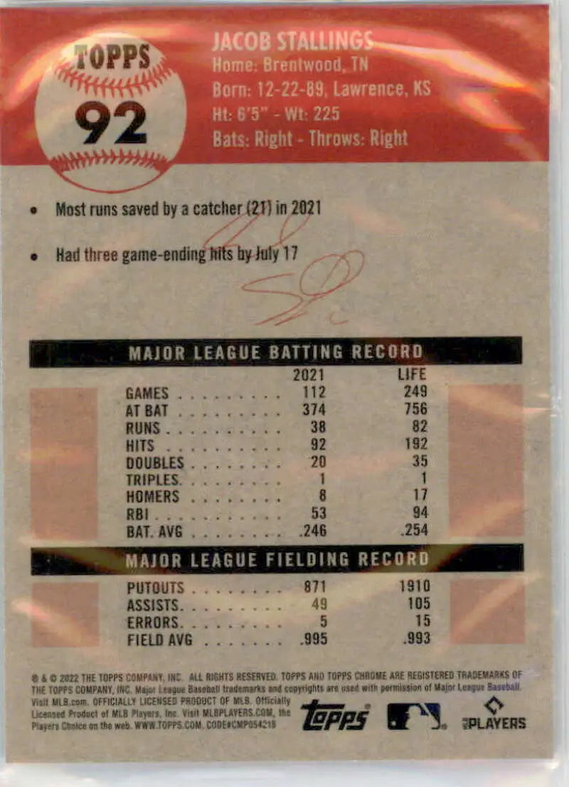 2022 Topps Chrome Platinum Anniversary #92 Jacob Stallings EX Excellent Miami Marlins Baseball Card - Baseball Card