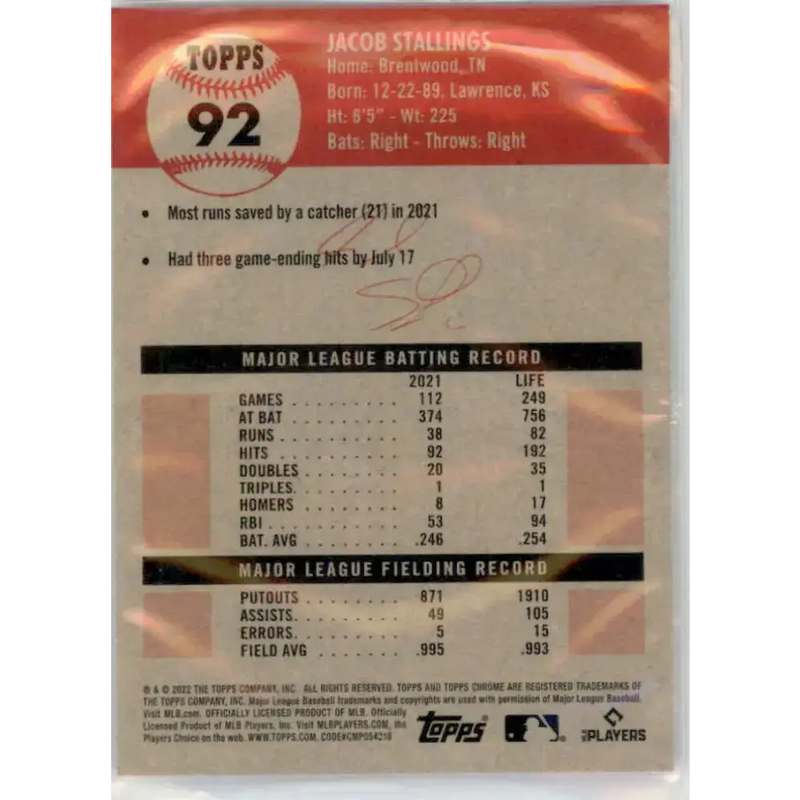 2022 Topps Chrome Platinum Anniversary #92 Jacob Stallings NM-MT Miami Marlins Baseball Card - Baseball Card Single