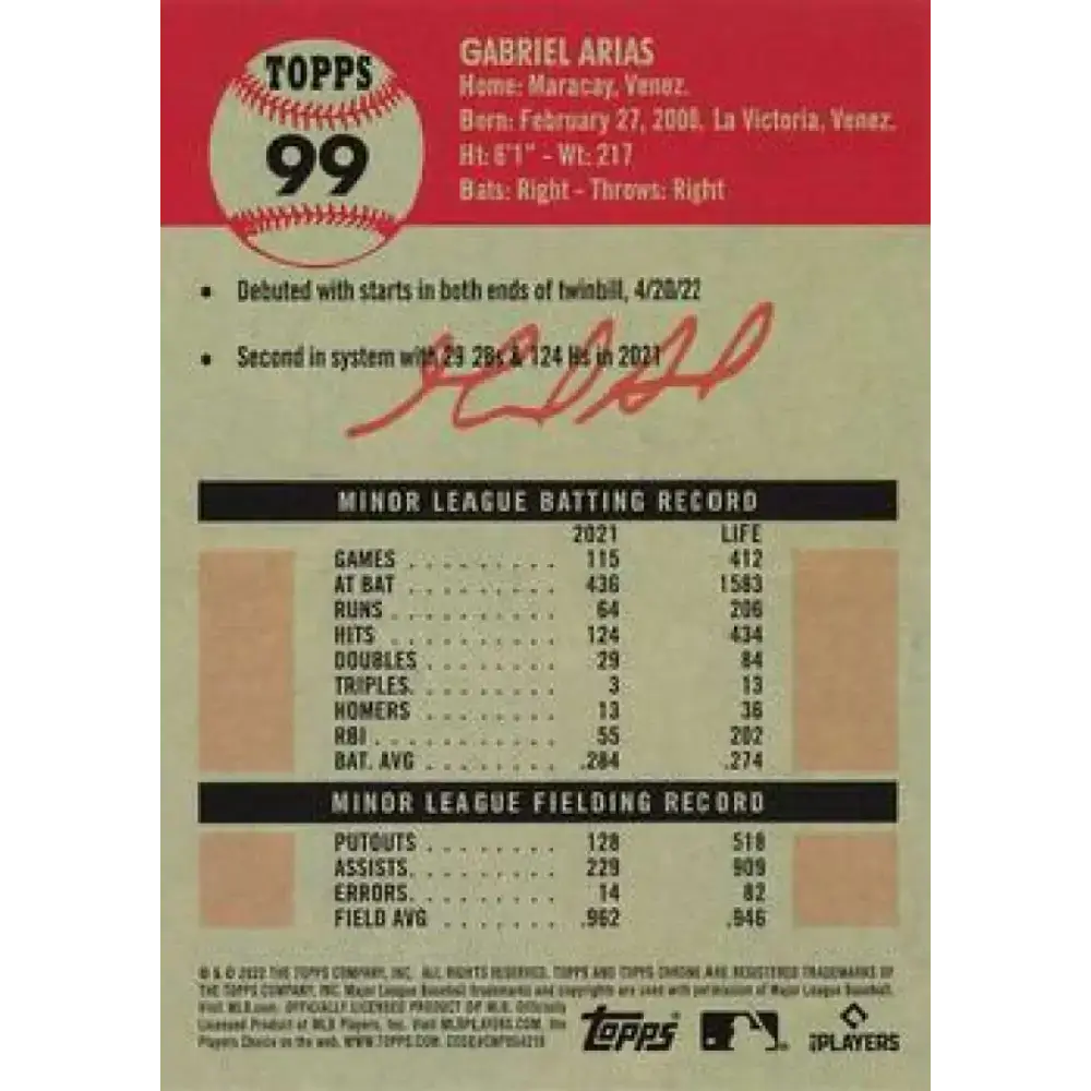 2022 Topps Chrome Platinum Anniversary #99 Gabriel Arias NM-MT RC Rookie Cleveland Guardians Baseball Card - Baseball