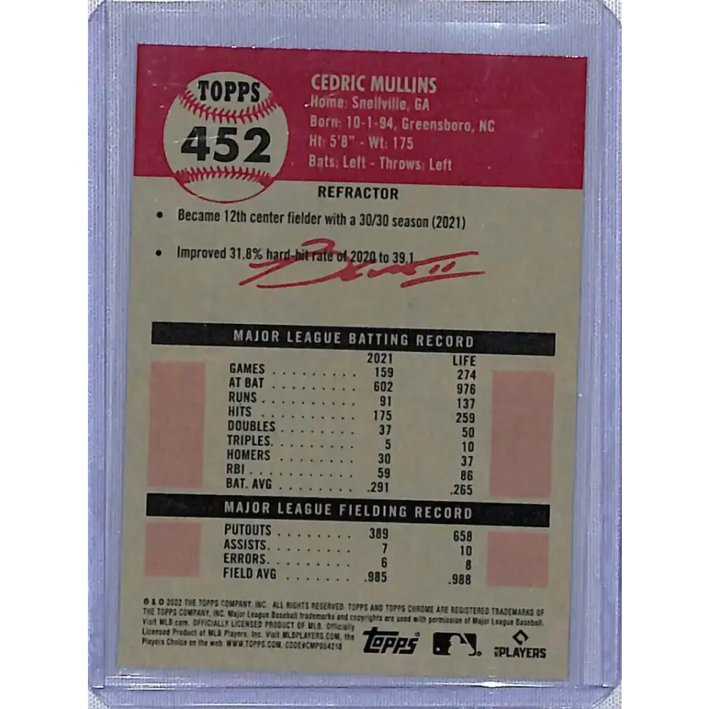 2022 Topps Chrome Platinum Anniversary Refractor #452 Cedric Mullins NM-MT Baltimore Orioles Baseball Card - Baseball