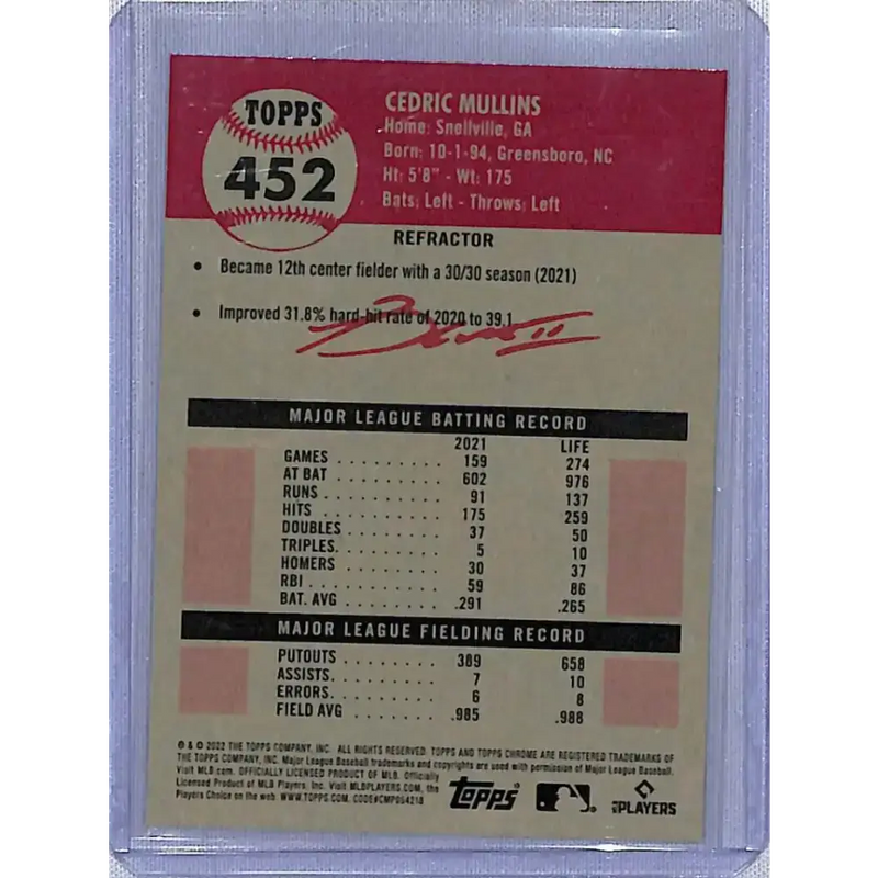 2022 Topps Chrome Platinum Anniversary Refractor #452 Cedric Mullins NM-MT Baltimore Orioles Baseball Card - Baseball