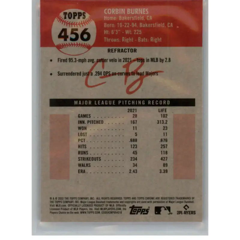 2022 Topps Chrome Platinum Anniversary Refractor #456 Corbin Burnes NM-MT Milwaukee Brewers Baseball Card - Baseball