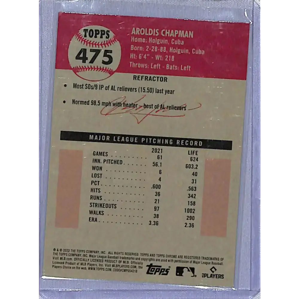 2022 Topps Chrome Platinum Anniversary Refractor #475 Aroldis Chapman NM-MT New York Yankees Baseball Card - Baseball