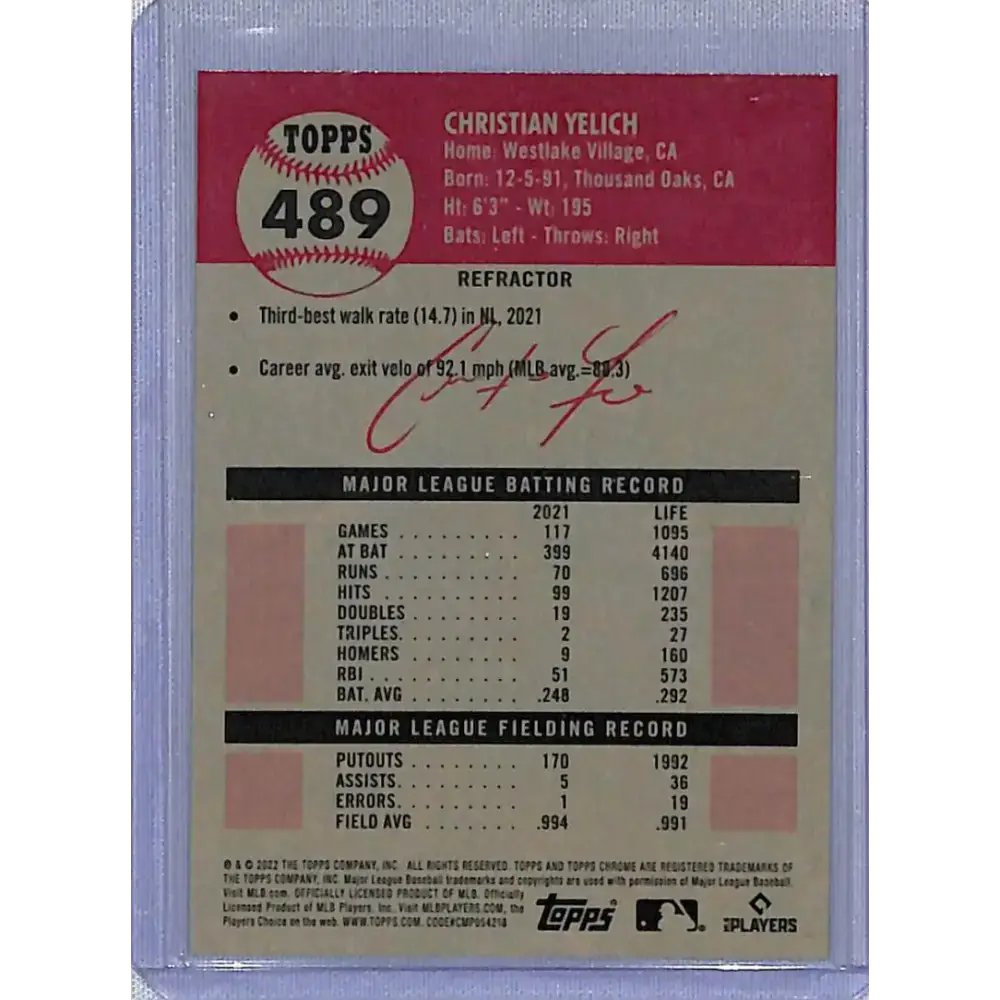 2022 Topps Chrome Platinum Anniversary Refractor #489 Christian Yelich NM-MT Milwaukee Brewers Baseball Card - Baseball