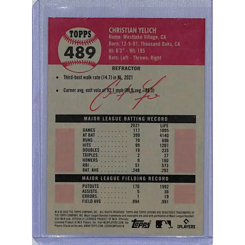 2022 Topps Chrome Platinum Anniversary Refractor #489 Christian Yelich NM-MT Milwaukee Brewers Baseball Card - Baseball