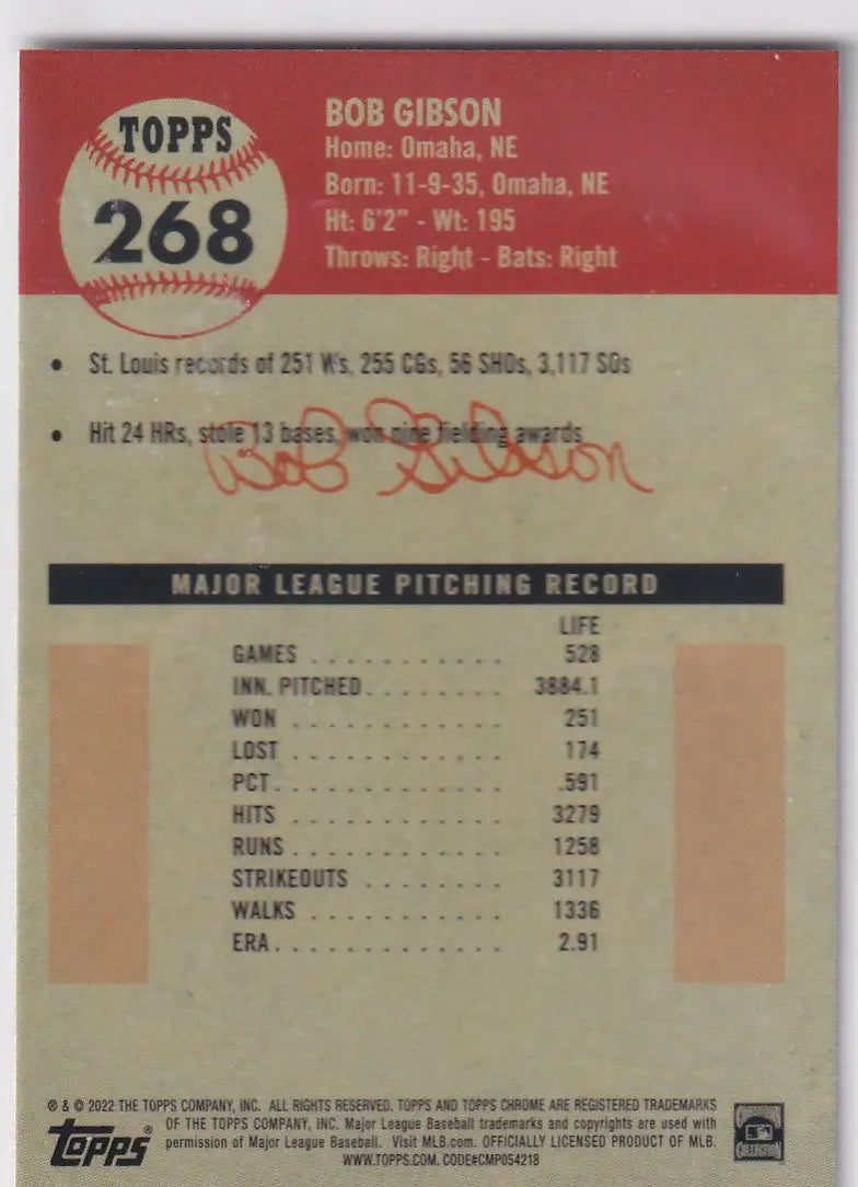 2022 TOPPS CHROME PLATNIUM #268 BOB GIBSON- ST LOUIS CARDINALS - Baseball Card Single
