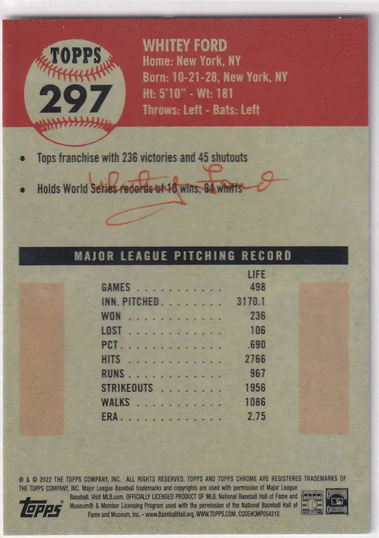 2022 TOPPS CHROME PLATNIUM #297 WHITEY FORD- NEW YORK YANKEES - Baseball Card Single