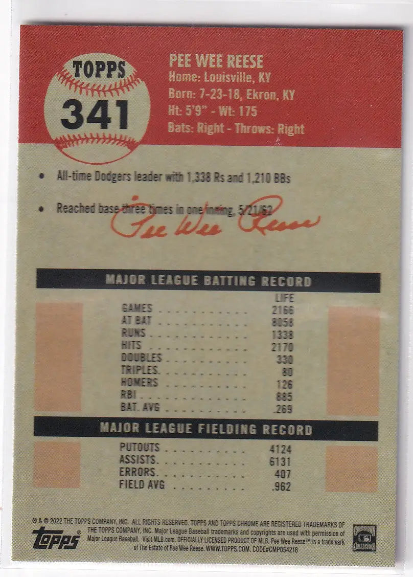 2022 TOPPS CHROME PLATNIUM #341 PEE WEE REESE- BROOKLYN DODGERS - Baseball Card Single