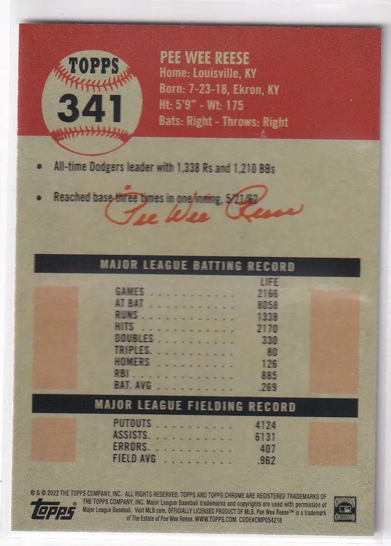 2022 TOPPS CHROME PLATNIUM #341 PEE WEE REESE- BROOKLYN DODGERS - Baseball Card Single