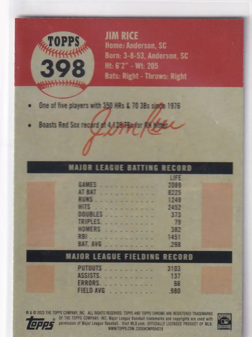 2022 TOPPS CHROME PLATNIUM #398 JIM RICE- BOSTON RED SOX - Baseball Card Single