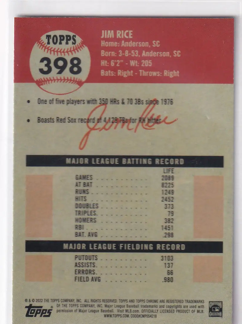 2022 TOPPS CHROME PLATNIUM #398 JIM RICE- BOSTON RED SOX - Baseball Card Single
