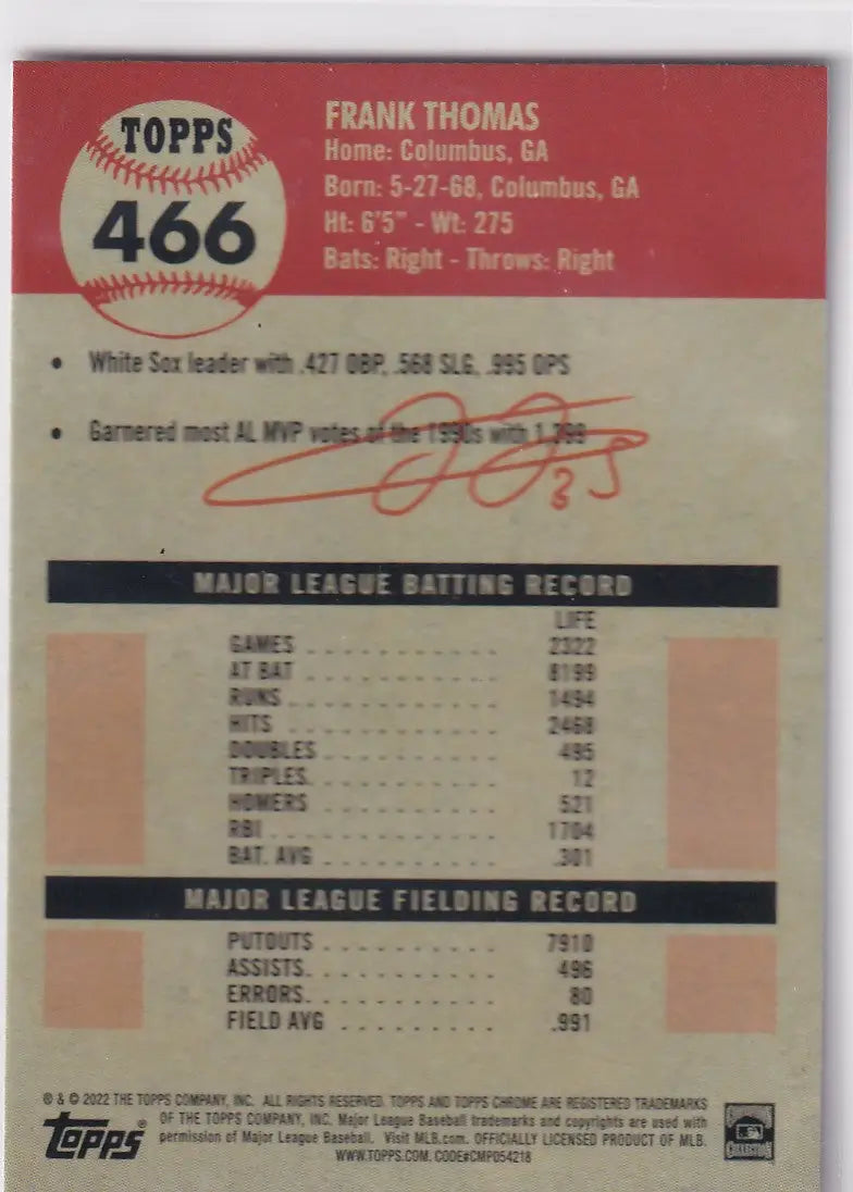2022 TOPPS CHROME PLATNIUM #466 FRANK THOMAS- CHICAGO WHITE SOX - Baseball Card Single