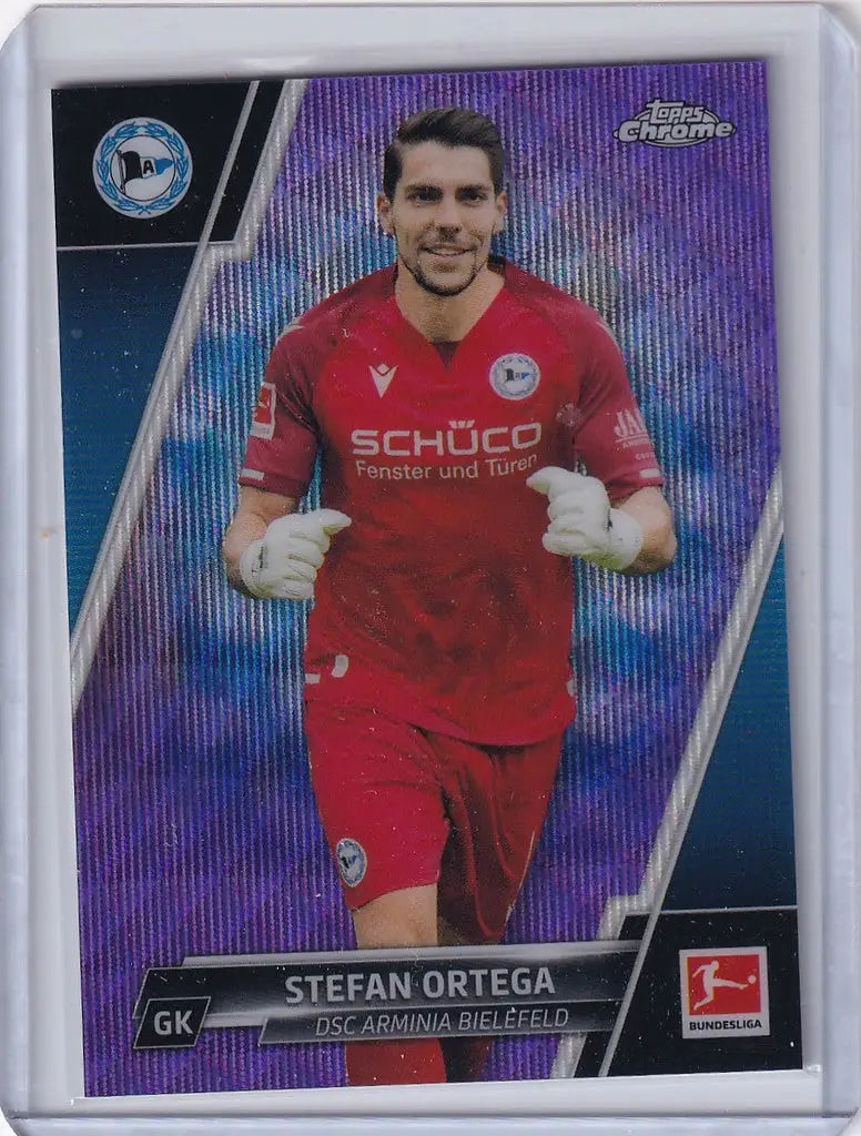 Soccer trading card of Stefan Ortega DSC in red uniform, Topps Chrome Purple edition