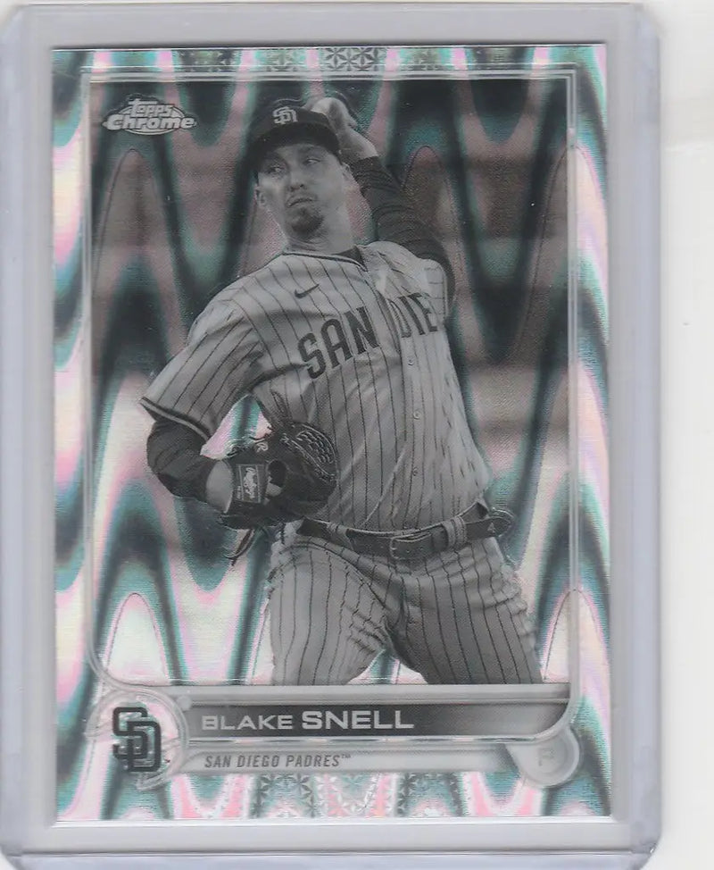 Baseball card of Blake Snell mid-throw for San Diego Padres Topps Chrome Raywave