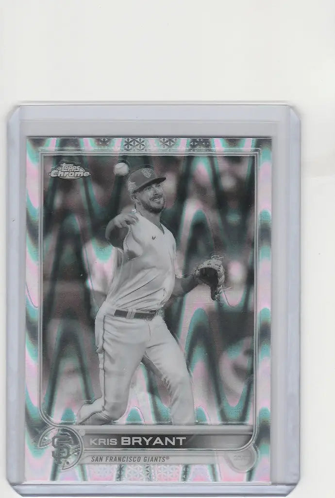 Baseball card of Kris Bryant mid-throw in protective case, Topps Chrome Raywave, San Francisco Giants