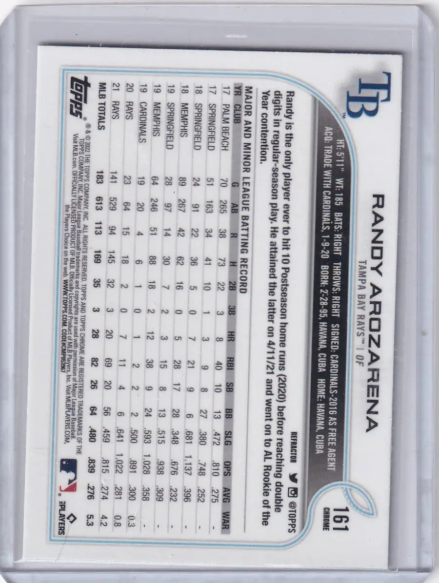 2022 Topps Chrome Refractor #161 Randy Arozarena - Tampa Bay Rays - Baseball Card Single