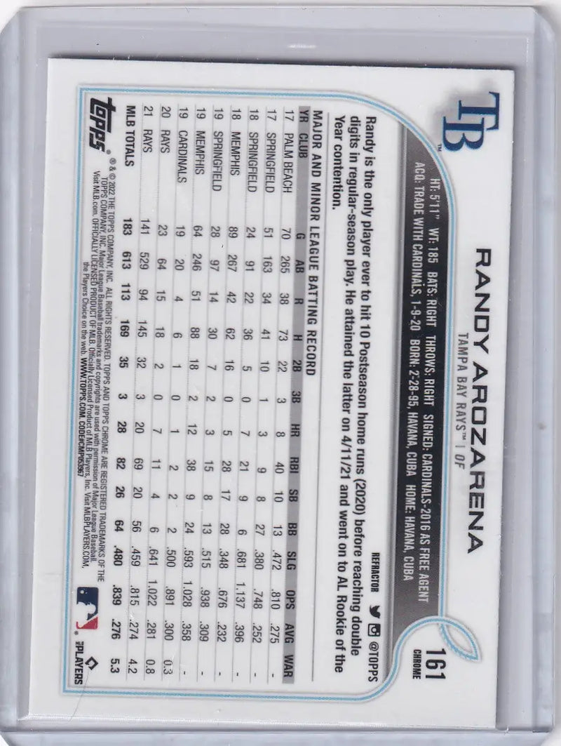 2022 Topps Chrome Refractor #161 Randy Arozarena - Tampa Bay Rays - Baseball Card Single